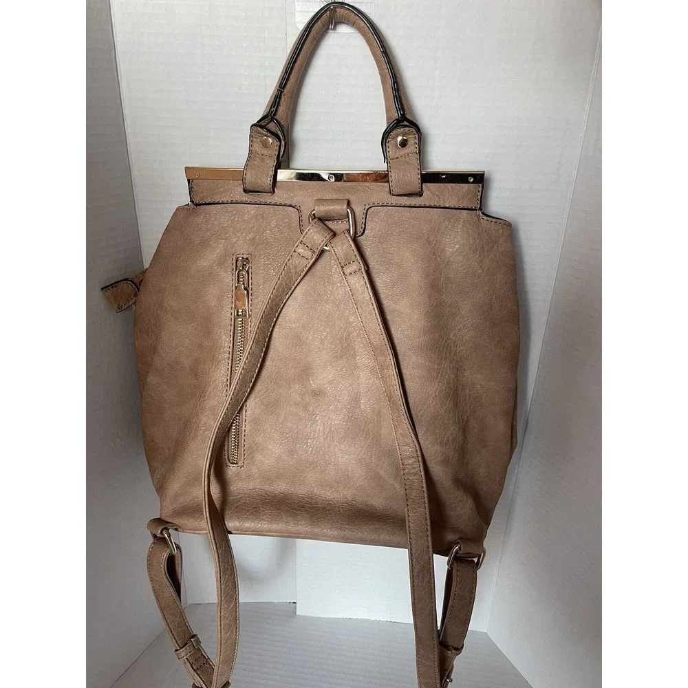 Backpack Tan Brown Bag Vegan Leather With Gold Accents Tassle